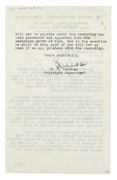 Image of a Letter from The British Broadcasting Corporation (BBC) to The Hogarth Press (21/08/1946) page 2