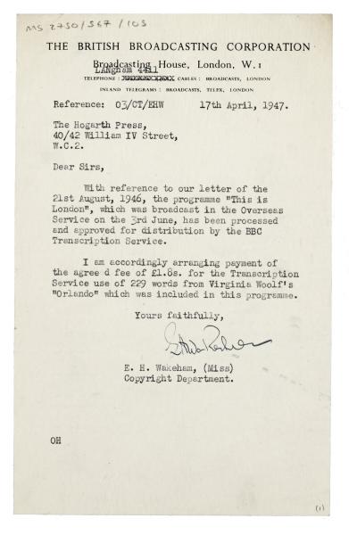 Image of a Letter from The British Broadcasting Corporation (BBC) to The Hogarth Press (17/04/1947) 