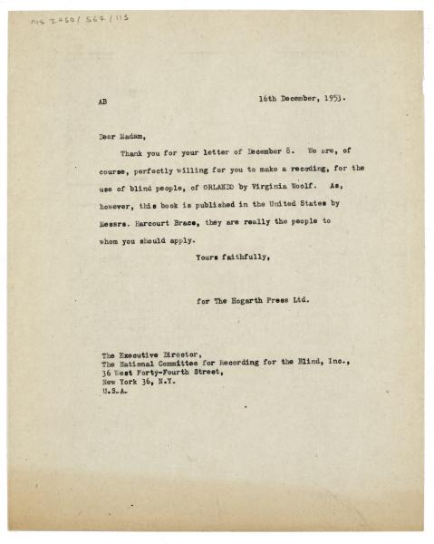 Image of typescript letter from Aline Burch to The American Foundation for the Blind (16/12/1953) page 1 of 1