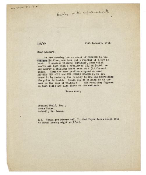 Image of typescript letter from Ian Parsons to Leonard Woolf (21/01/1954) page 1 of 1