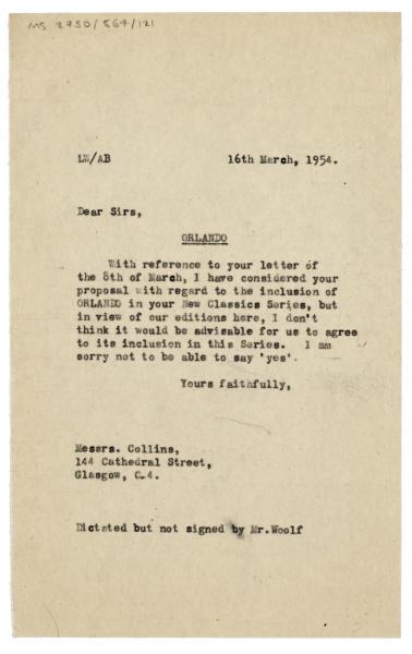 Image of typescript letter from Leonard Woolf to Collins Publishers (W. Collins & Sons) (16/03/1954) page 1 of 1
