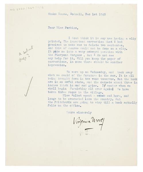 Image of a Letter from Virginia Woolf to Miss Perkins (01/12/1940)