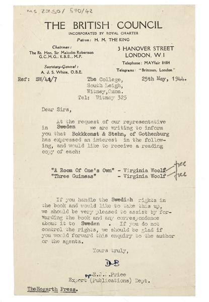 Image of typescript letter from The British Council to The Hogarth Press (25/05/1945)  page 1 of 1