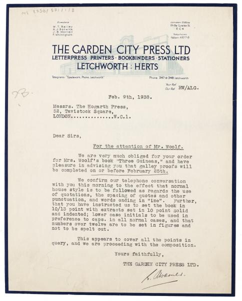 Image of typescript letter from the Garden City Press to the Hogarth Press (09/02/1938) page 1 of 1 