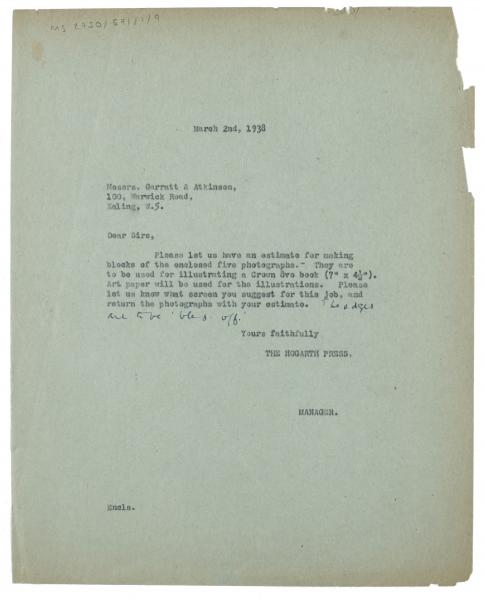 Image of typescript letter from the Hogarth Press to Garratt and Atkinson (02/03/1938) page 1 of 1