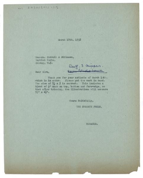 Image of typescript letter from the Hogarth Press to Garratt and Atkinson (17/03/1938) page 1 of 1 