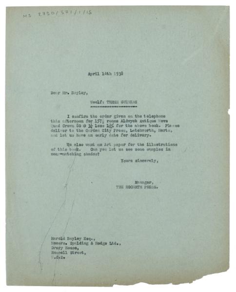 Image of typescript letter from the Hogarth Press to Spalding & Hodge (12/04/1938) page 1 of 1 