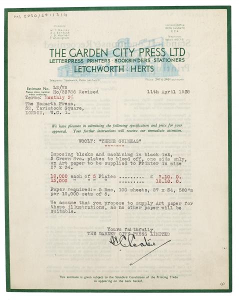 Image of typescript letter from the Garden City Press Ltd. to the Hogarth Press (11/04/1938) page 1 of 2