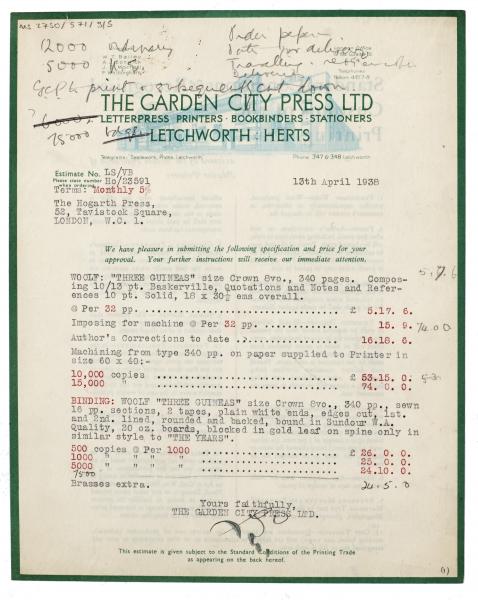 Typescript letter from the Garden City Press Ltd. to the Hogarth Press (12/04/1938) page 1 of 2