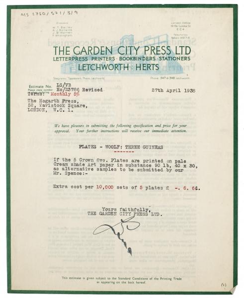 Image of typescript letter from the Garden City Press Ltd. to the Hogarth Press (27/04/1938) page 1 of 2 