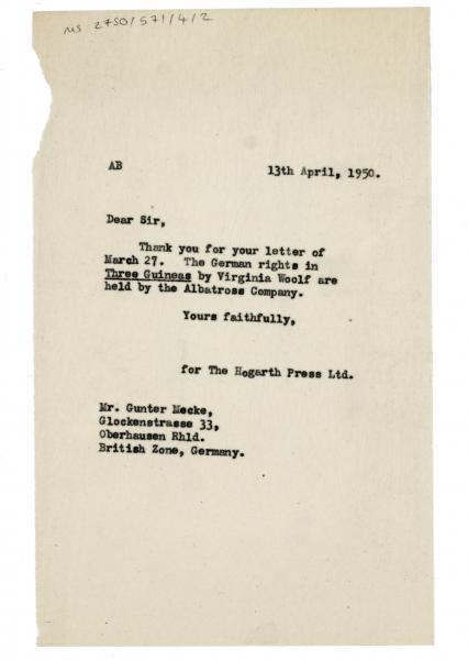 Typescript letter from the Hogarth Press to Mr. Gunter Mecke (13/04/1950) page 1 of 1 