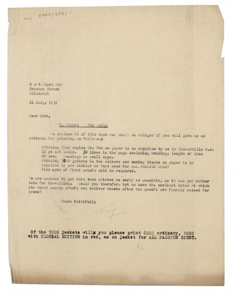 Image of typescript letter from Leonard Woolf to R. & R. Clark (21/07/1931)  page 1 of 1