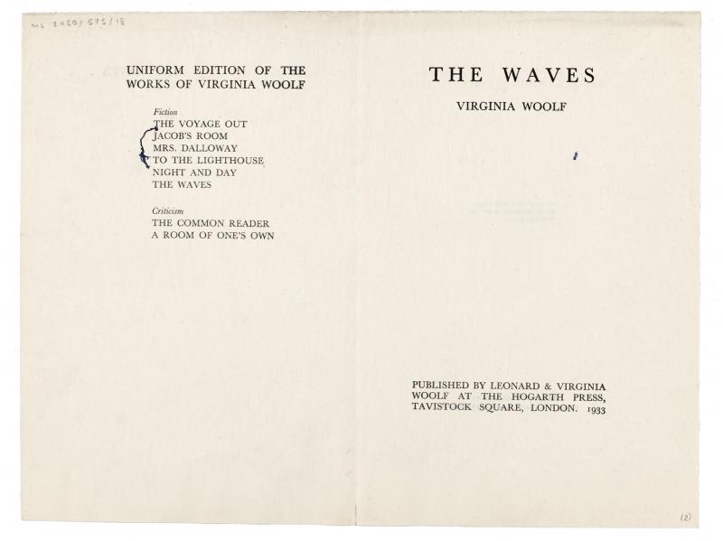 Image of page of first proof title pages of the Uniform Edition of The Waves  page 2 of 3