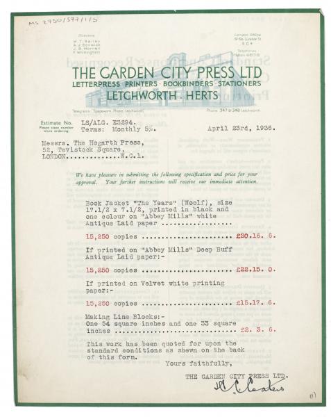 Image of typescript letter from The Garden City Press to The Hogarth Press (23/04/1936) page 1 of 2