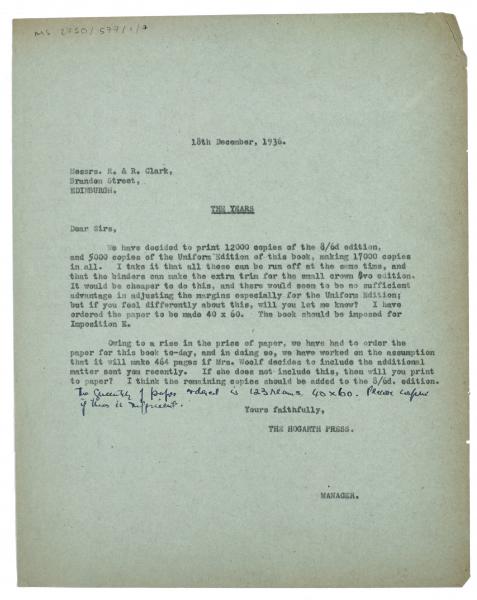 Image of typescript letter from The Hogarth Press to R. & R. Clark (18/12/1936) page 1 of 1