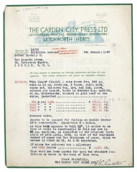 Image of typescript letter from The Garden City Press to The Hogarth Press (05/01/1937) [1] page 1 of 1