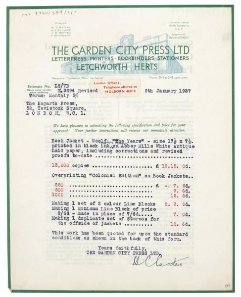 Image of typescript letter from The Garden City Press to The Hogarth Press (05/01/1937) [2]  page 1 of 2