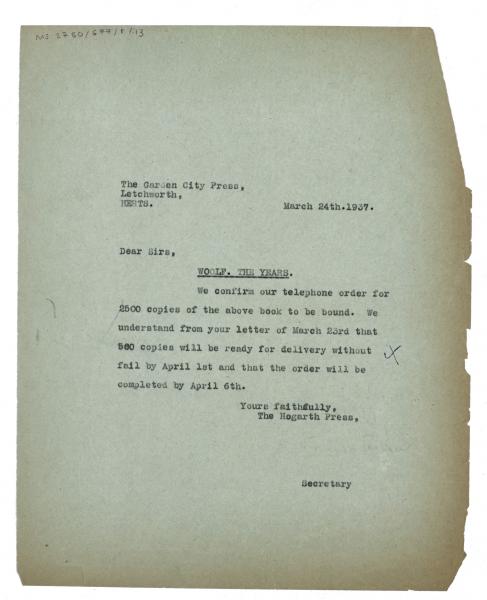 Image of typescript letter from Hogarth Press to The Garden City Press (24/03/1937) page 1 of 1
