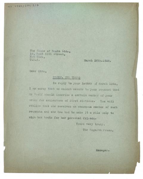 Image of typescript letter from The Hogarth Press to The House of Books (26/03/1936) Page 1 of 1