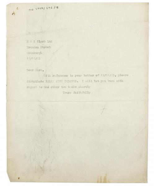 Image of typescript letter from Leonard Woolf to R. & R. Clark (19/11/1923) page 1 of 1