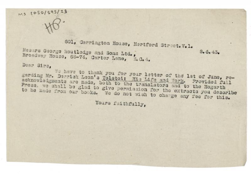 Image of typescript letter from The Hogarth Press to George Routledge and Sons Ltd (08/06/1943) page 1 of 1