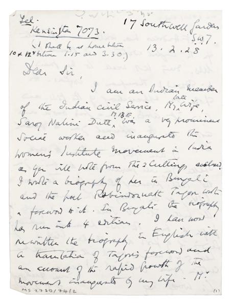 Image of handwritten letter from G. S. Dutt to Leonard Woolf (13/02/1928) page 1 of 2