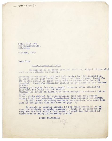 Image of typescript letter from Leonard Woolf to Neil & Co., Ltd (07/03/1929) page 1 of 1