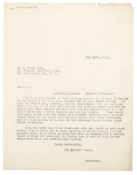 Image of typescript letter from The Hogarth Press to G. S. Dutt (15/04/191929) page 1 of 1
