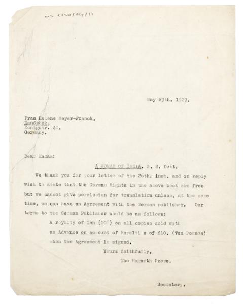 Image of typescript letter from The Hogarth Press to Helene Meyer-Franck (29/05/1929) page 1 of 1