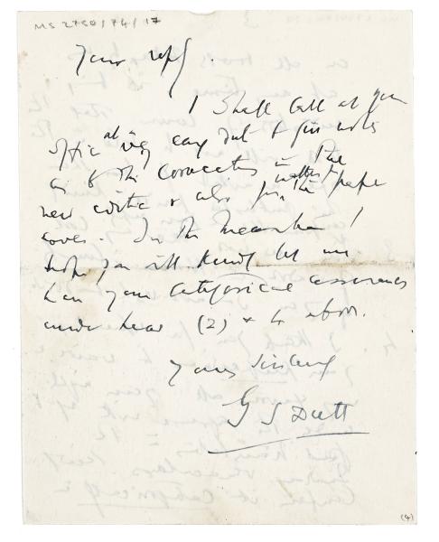 Image of handwritten letter from G. S. Dutt to Leonard Woolf (27/08/1929) page 4 of 4