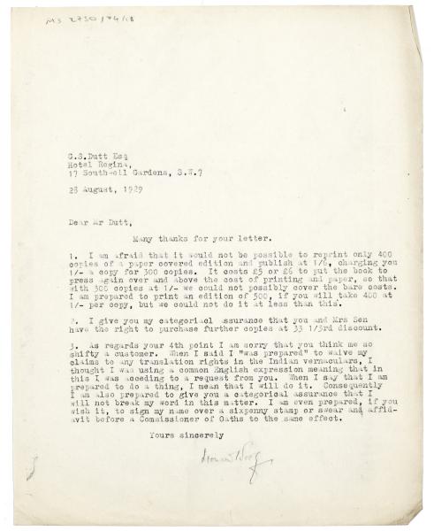 Image of typescript letter from Leonard Woolf to G. S. Dutt (28/08/1929) page 1 of 1
