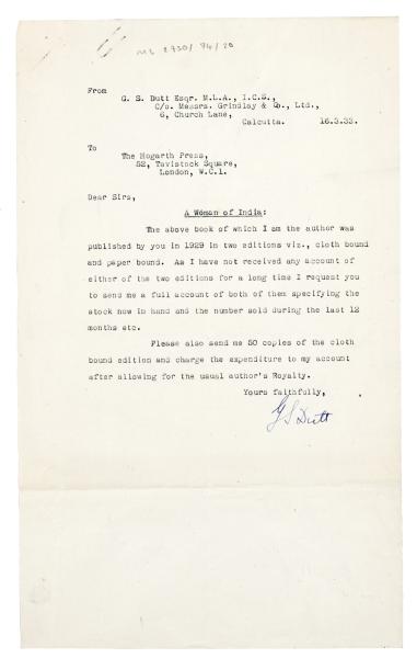 Image of typescript letter from G. S. Dutt to Leonard Woolf (16/03/1933) [2]  page 1 of 1
