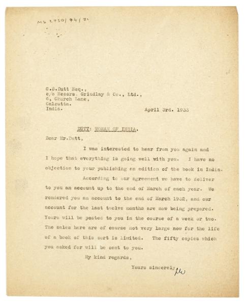 Image of typescript letter from Leonard Woolf to G. S. Dutt (03/04/1933) page 1 of 1
