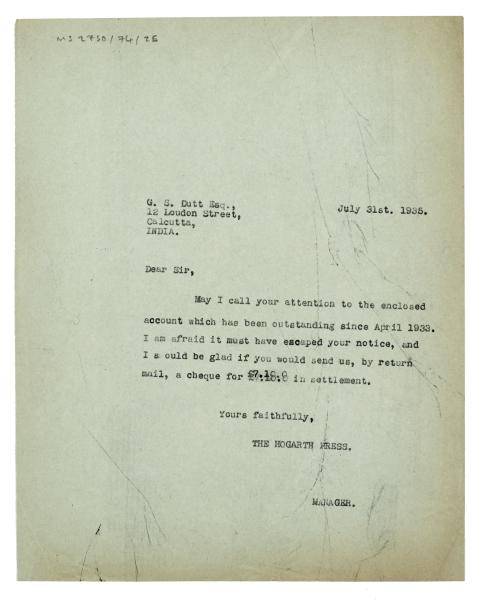 Image of typescript letter from The Hogarth Press to G. S. Dutt (31/07/1935) page 1 of 1