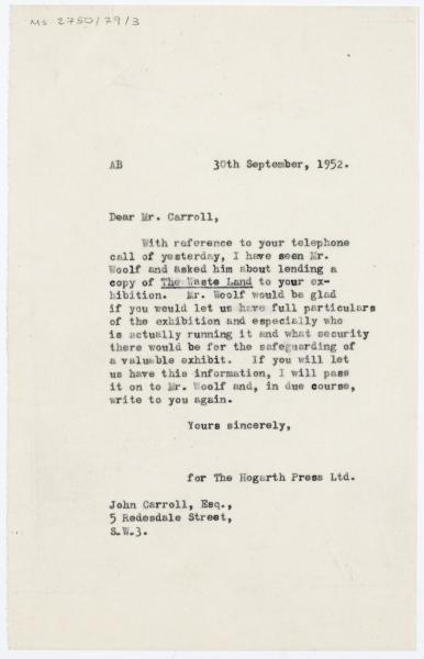 Image of typescript letter from Aline Burch to John Carroll (30/09/1952) page 1 of 1