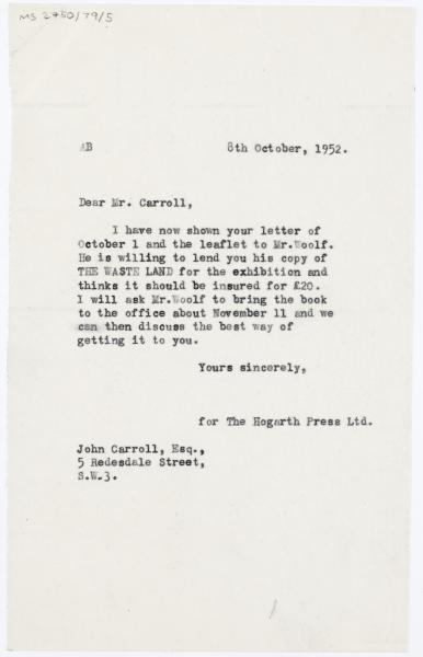 Image of typescript letter from Aline Burch to John Carroll (08/10/1952) page 1 of 1