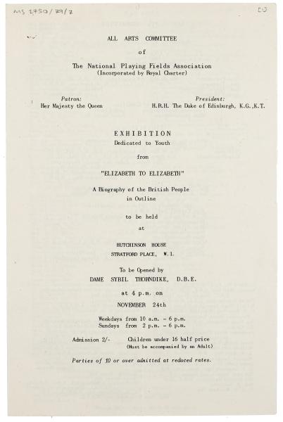 Image of front page of typescript exhibition leaflet and invitation 'From Elizabeth to Elizabeth' (1952) image1 of 3