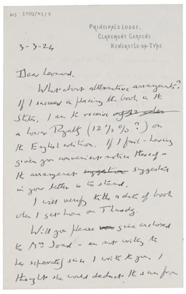 Image of handwritten letter from E. M. Forster to Leonard Woolf (03/03/1924) page 1 of 2