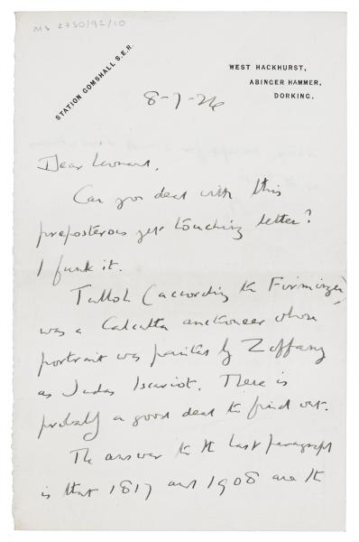 Image of handwritten letter from E. M. Forster to Leonard Woolf (08/07/1924) page 1 of 2