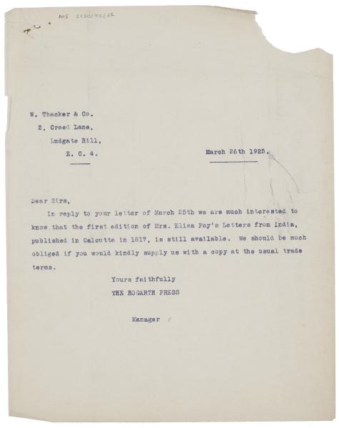 Image of typescript letter from The Hogarth Press to W. Thacker & Co (26/03/1925) page 1 of 1
