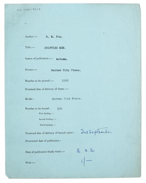 Image of typescript document containing printing binding and delivery information relating to 'Drifting Men'