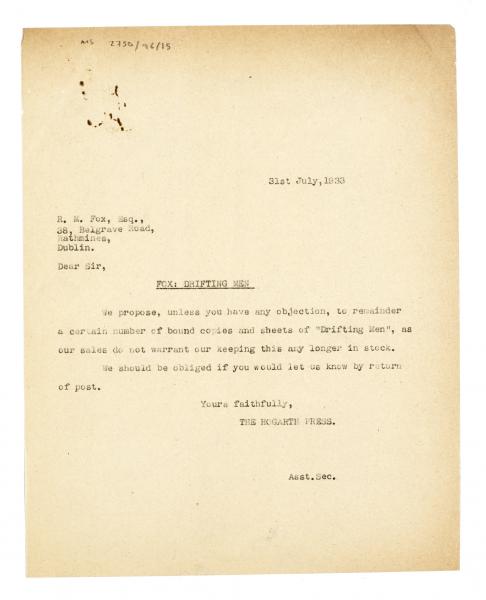 Image of typescript letter from The Hogarth Press to R. M. Fox (31/07/1933) page 1 of 1