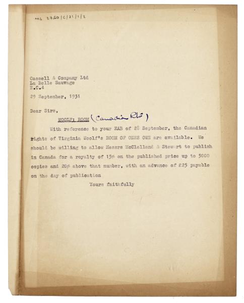 Image of typescript letter from The Hogarth Press to Cassell & Company Ltd (29/09/1931) page 1 of 1