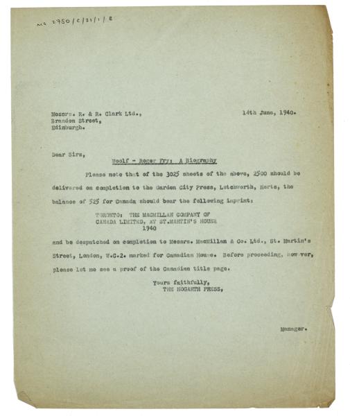 Image of typescript letter from The Hogarth Press to R. & R. Clark Ltd (14/06/1940) page 1 of 1