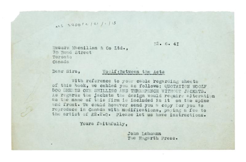 Image of typescript letter from John Lehmann to Macmillan & Co, Ltd. (06/12/1941) page 1 of 1