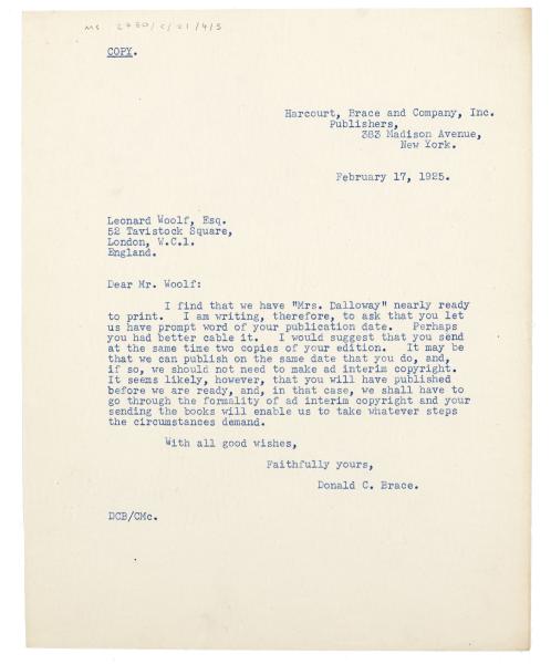Image of letter from Donald Brace to to Leonard Woolf (17/02/1925) page 1 of 1