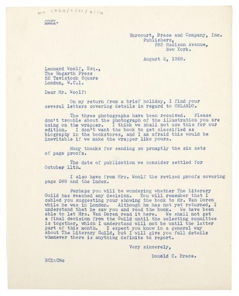 Image of typescript letter from Donald Brace to Leonard Woolf (08/02/1928) page 1 of 1