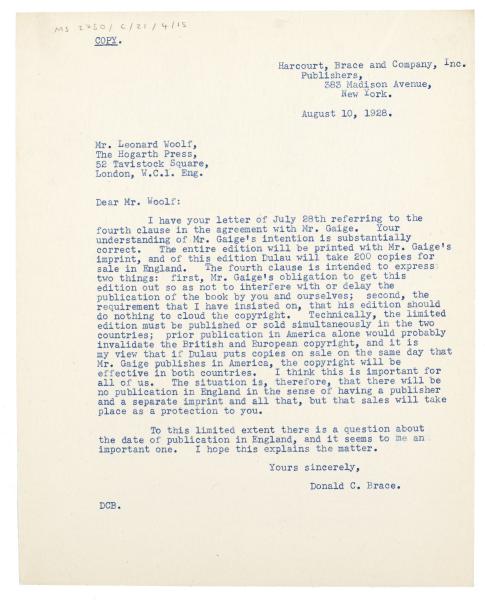 Image of typescript letter from Donald Brace to Leonard Woolf (10/08/1928)  page 1 of 1