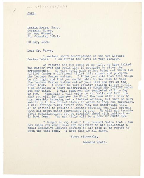 Image of typescript letter from Leonard Woolf to Donald Brace (16/05/1929) page 1 of 1 
