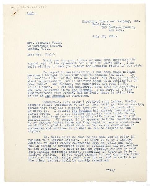 Image of typescript letter from Donald Brace and Company to Virginia Woolf page 1 of 2